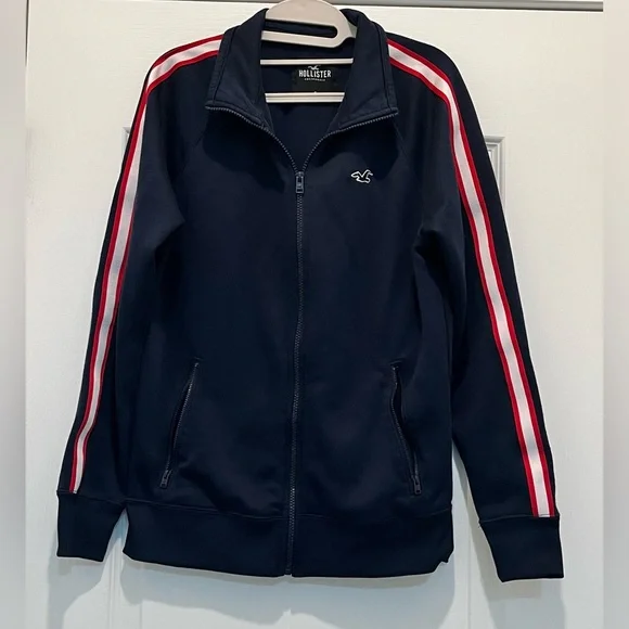 Hollister Unisex Jacket Navy Blue with Red and White Stripes on Arms Size Small. - Picture 4 of 5